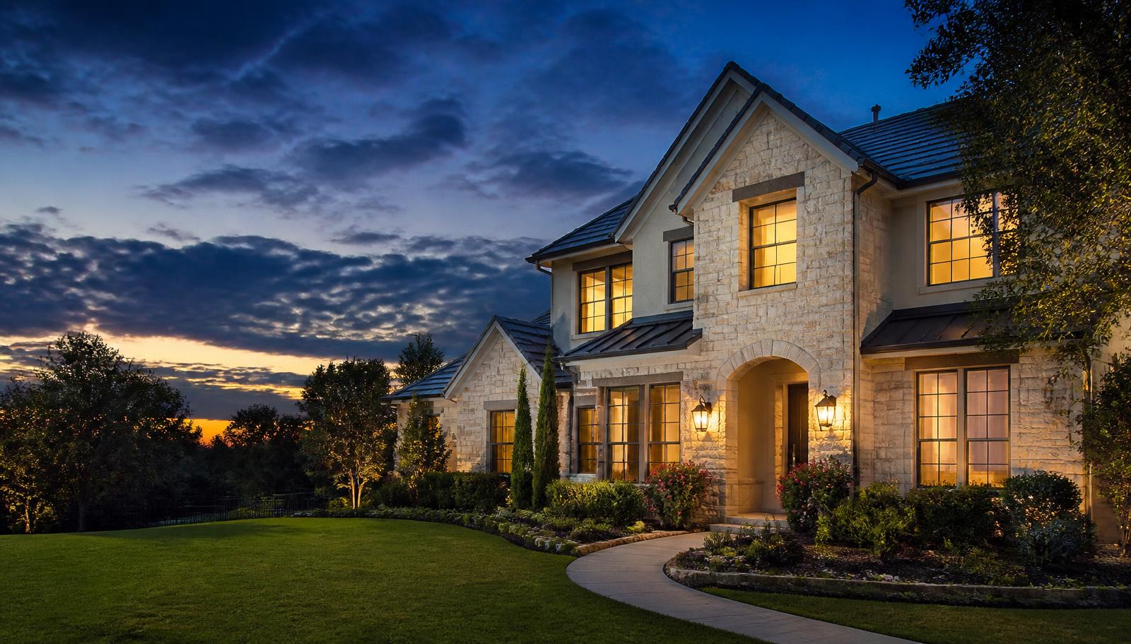 Elegant completed home at dusk
